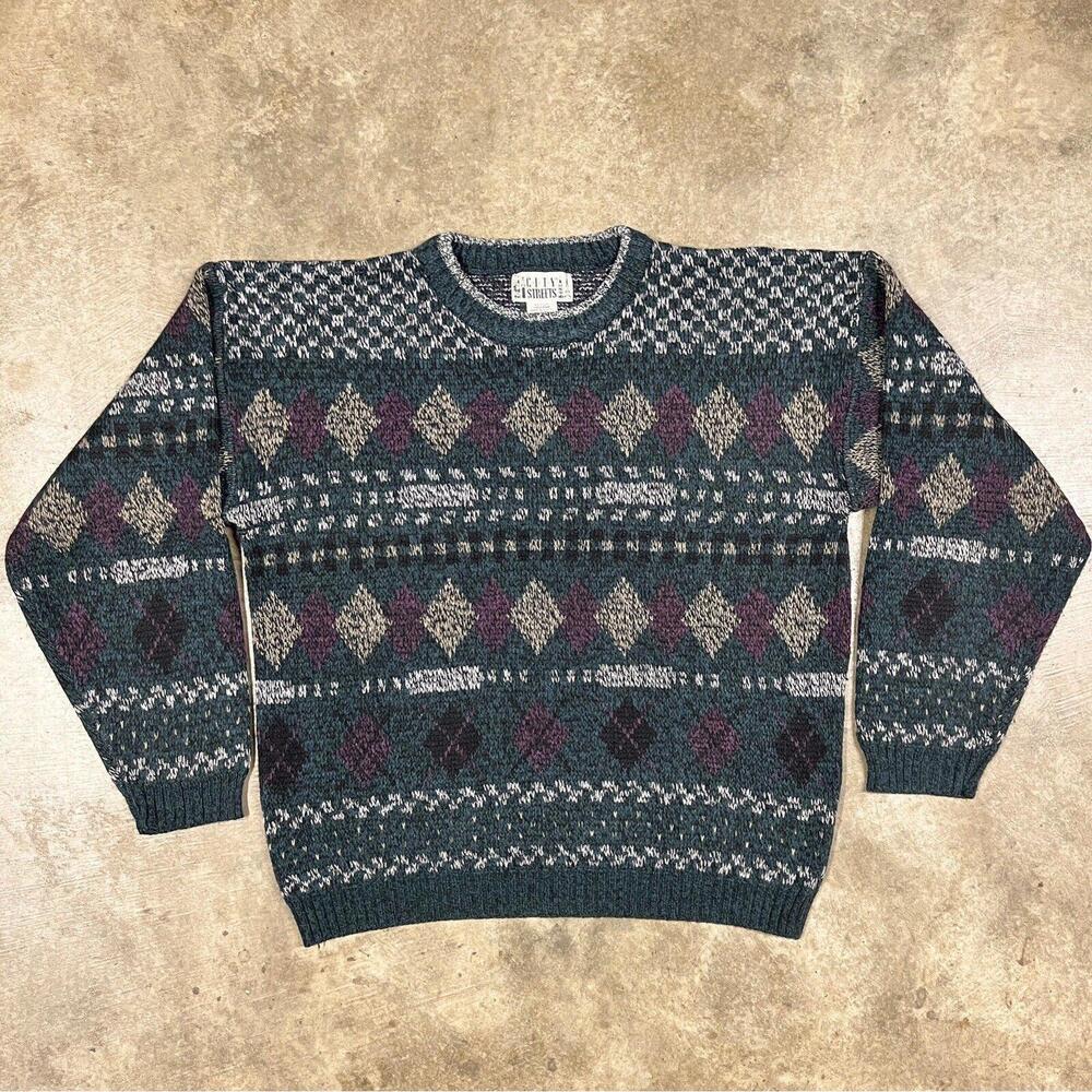 VTG City Streets Mens Pullover Sweater Sz M Acrylic Aztec Geometric Loose Knit